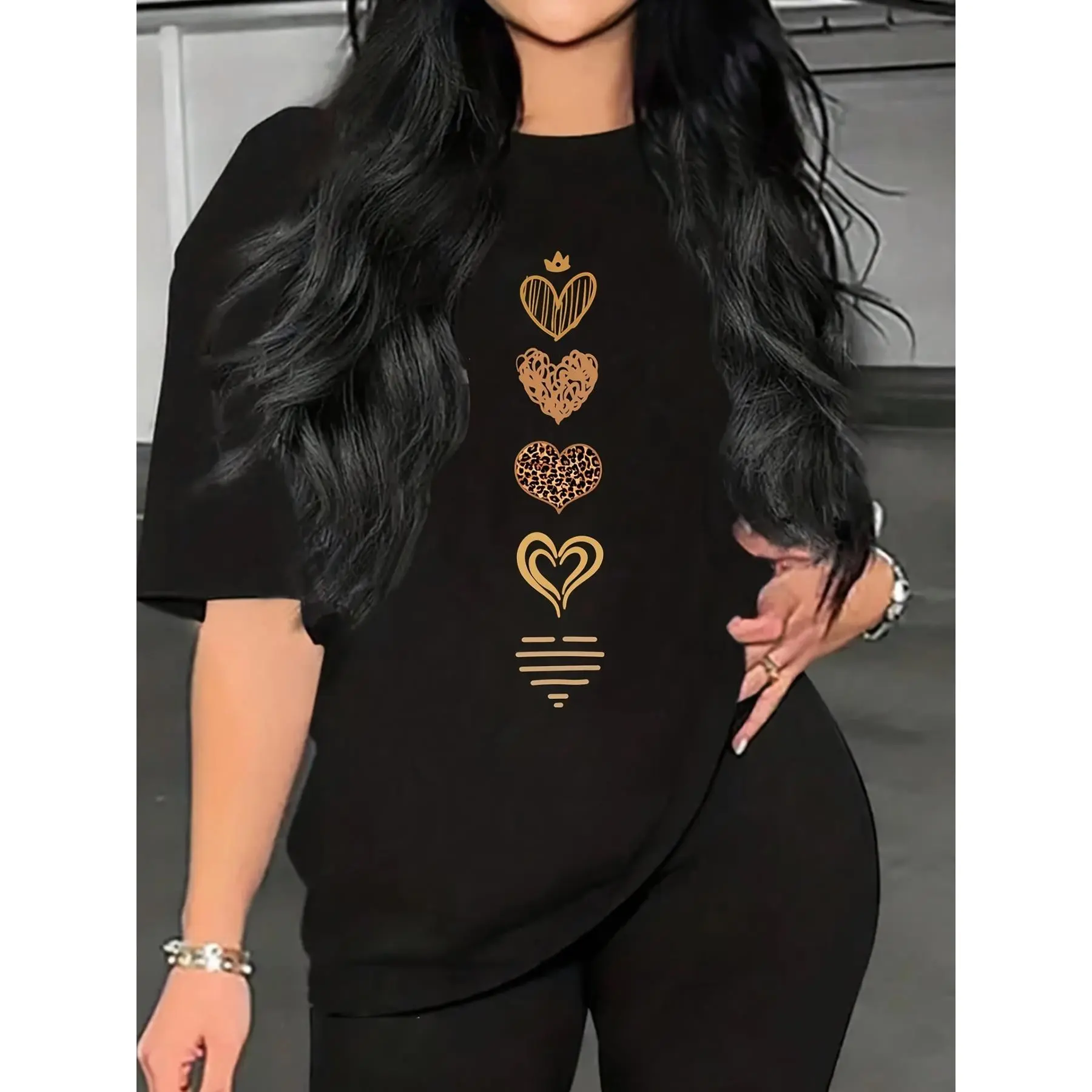 Women's Combed Cotton Heart Print Oversized Short-Sleeves T-Shirt - Lightweight Breathable Fabric, Casual OOTD Summer Wear, Free Return & Exchange
