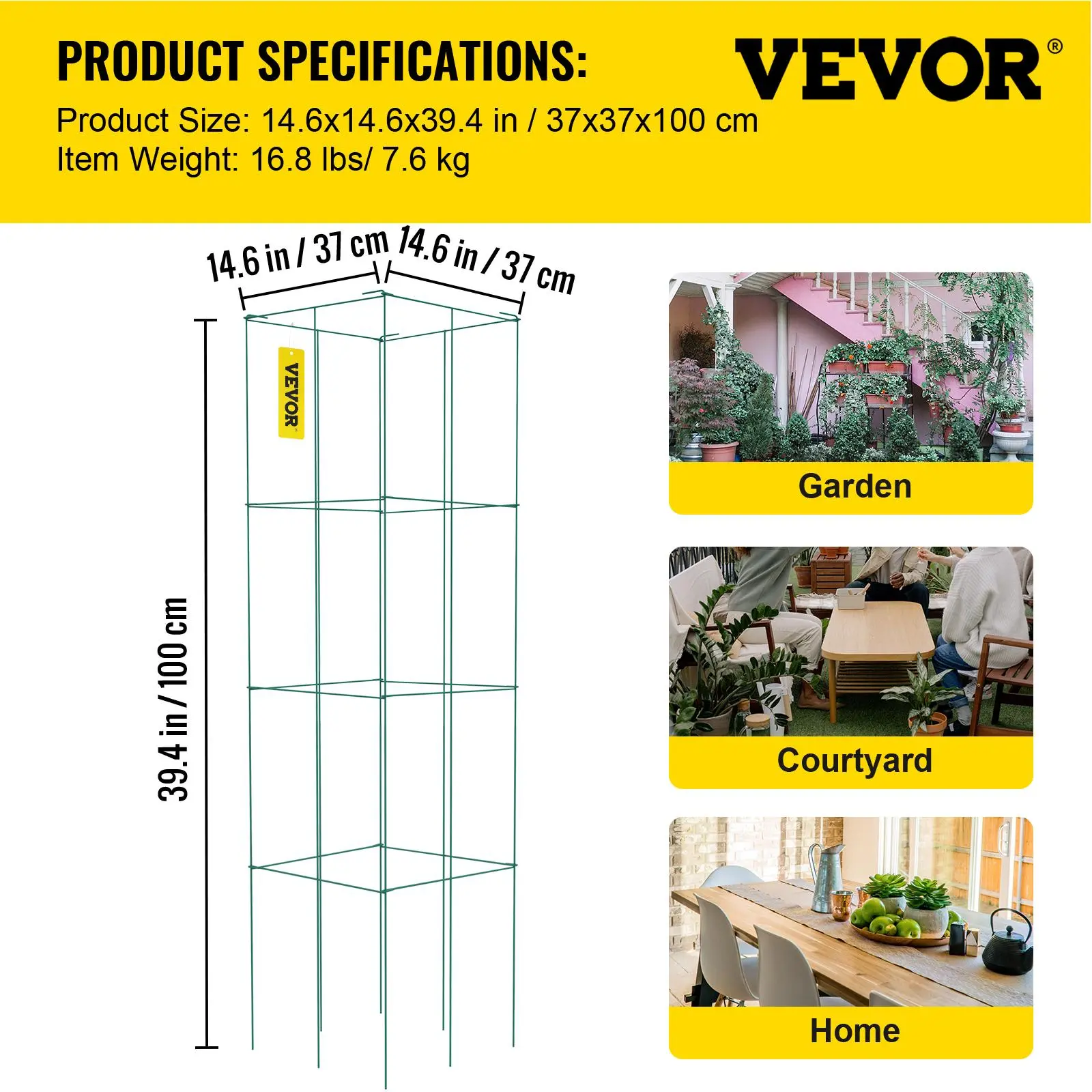 VEVOR 6-Pack Square Metal Tomato Cages Climbing Planting Stands, 14.6"x14.6"x39.4" Green PVC-Coated Steel 3-Tier Foldable, 37x37cm Openings, Easy Installation, Flexible Combo, Indoor-Outdoor Vegetables Flowers Balcony Use - Father's Day Gift