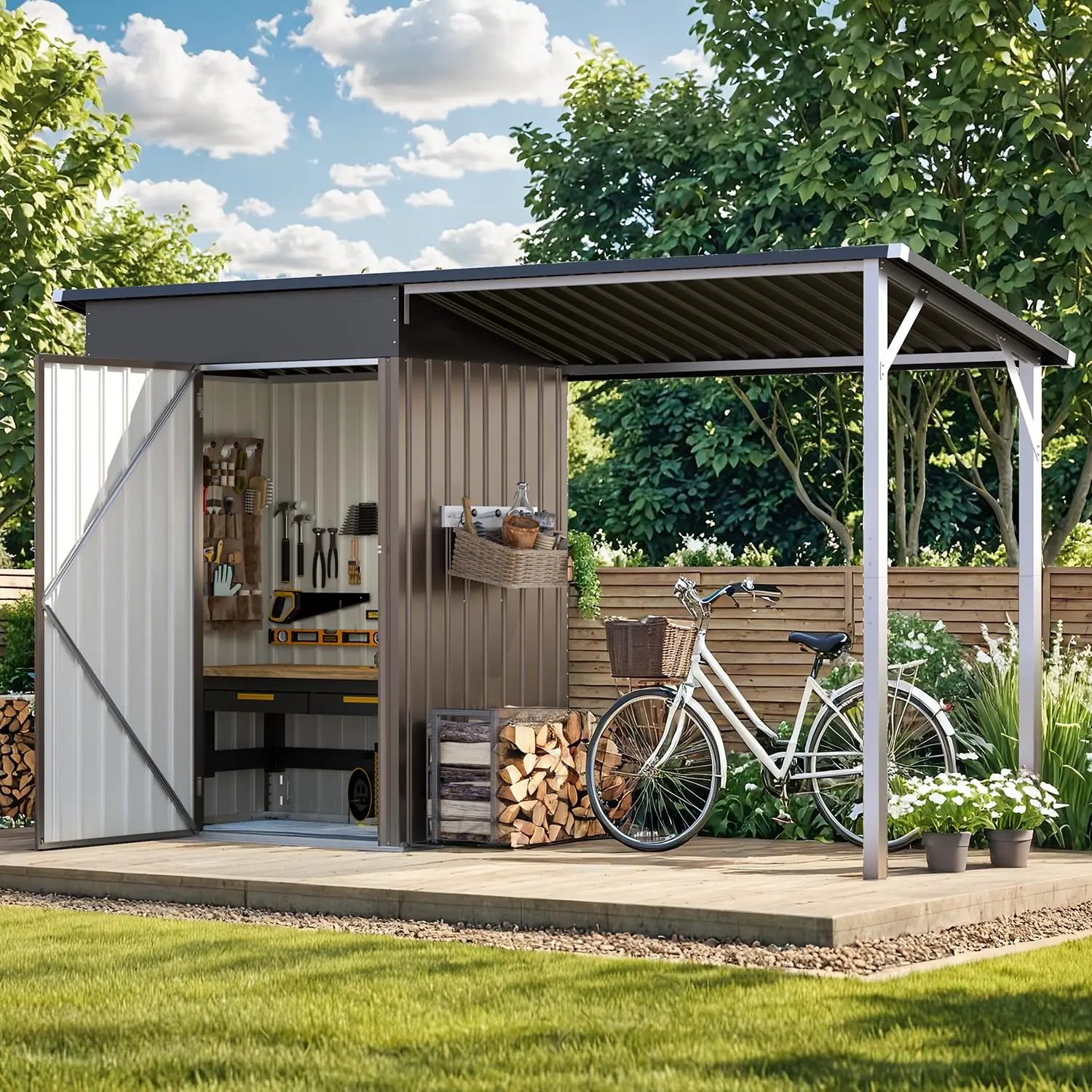 AECOJOY 10x4FT Metal Lean to Shed with Open-Sided Pergola, 5x3 FT Outdoor Storage Shed & 5x3 Attached Hardtop Gazebo Combo, 30 Sq.Ft Covered, 2-in-1 Small Sheds & Outdoor Storage for Patio, outdoor storage clearance