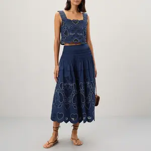 Eyelet Top and Skirt Set Lightweight Feminine Casual Party Wear with Heart Embroidery Blue Color for Women's Basic Fitted Minimalist Outfits