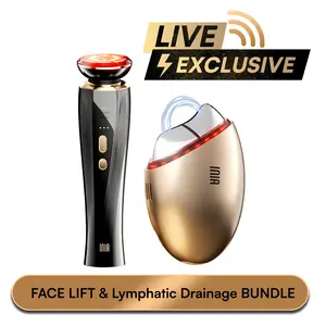 【LIVE EXCLUSIVE】INIA GLACE & FLARE Bundle – All-in-1 Face & Neck Sculpting Beauty Device for Lymphatic Drainage with Microcurrent Lifting, Lift, Tighten, De-Puff, Serum Infusion, Red & Blue Light, Thermal & Cryo Therapy, Buy 1 Get 4, Ideal Gift Set