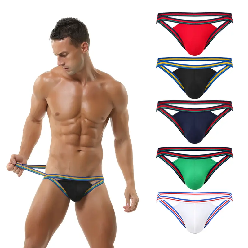 SEOBEAN Men’s Sexy Jockstrap Underwear, Low-Rise Open-Back Briefs with Contoured Pouch, Bold Color-Stripe Stretch Waistband for Workout, Party & Daily Wear-220107