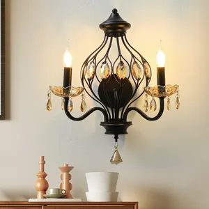 Crystal Wall Sconce,E12 Vintage Candle Wall Sconces,Black Wall Lamp, Antique Sconces Wall Lighting Vanity Light for Living Room Hallway Bathroom Bedroom and Victorian Wall Sconce Lighting