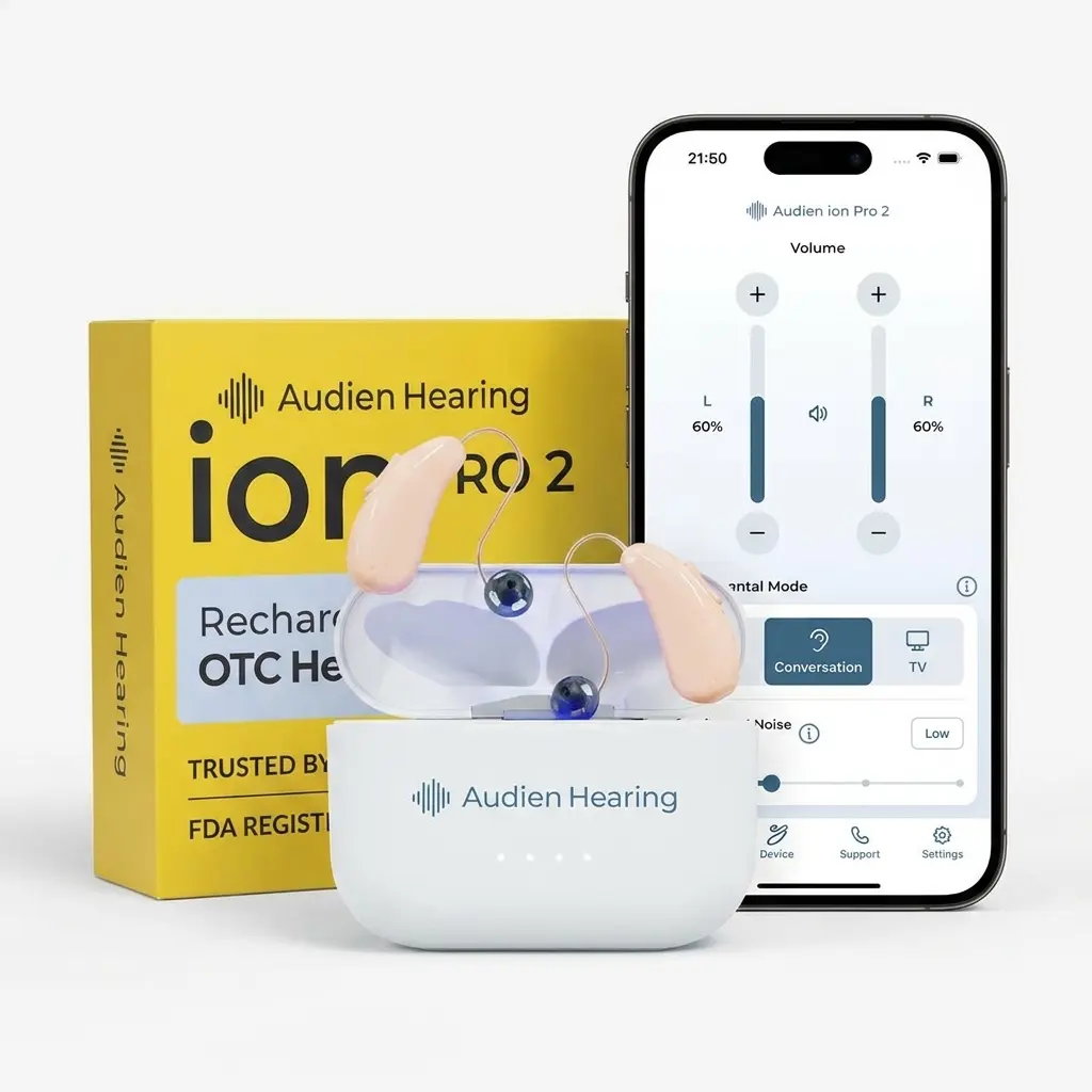 Audien ION Pro 2 OTC Hearing Aids for Adults – Premium Rechargeable In-Ear Hearing Aids with Bluetooth App Control, No Prescription