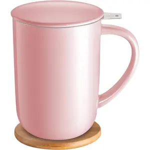 Porcelain Tea Mug with Infuser and Lid, Teaware with and Coaster, Loose Leaf Tea Cup Steeper Maker, 16 OZ for Tea/Coffee/Milk//Office/Home/Gift (Pink)