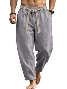 Summer Lightweight Cotton Linen Casual Pants for Men, Loose Straight Nine-Inch Pants, Japanese Retro Drawstring Hemp Pants, Breathable Comfort