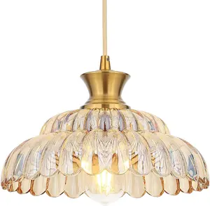 Amber Glass Pendant Lights, 11.8" Brushed Gold Modern Vintage Hanging Ceiling Light for Kitchen Island Dining Room