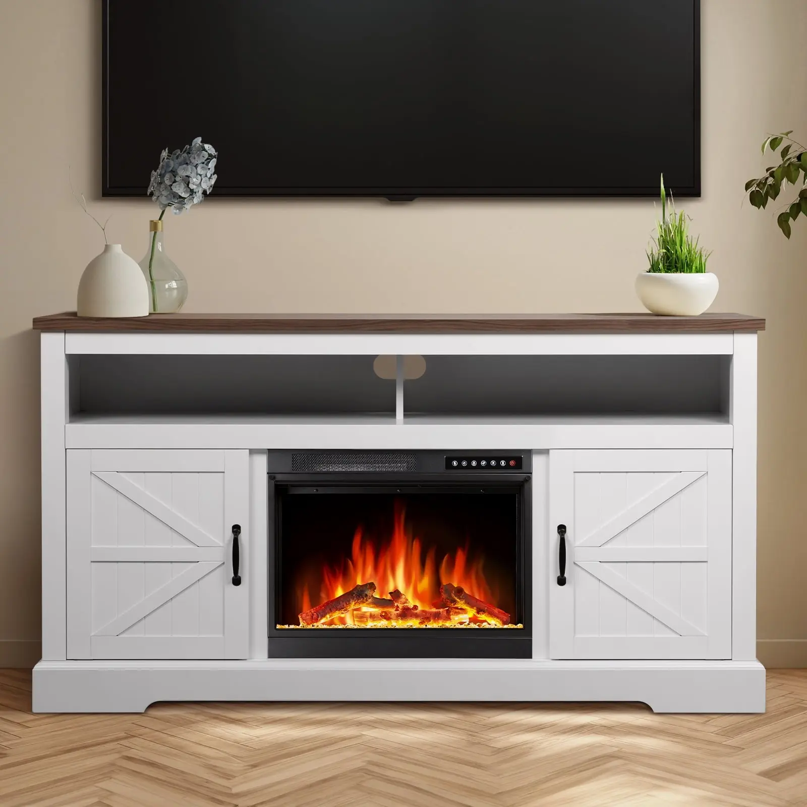R.W.FLAME 60" Electric Fireplace Mantel with Remote, Adjustable LED Flame, Adjustable Heating Temperature, 750W/1500W Dual Heating Heater (White)