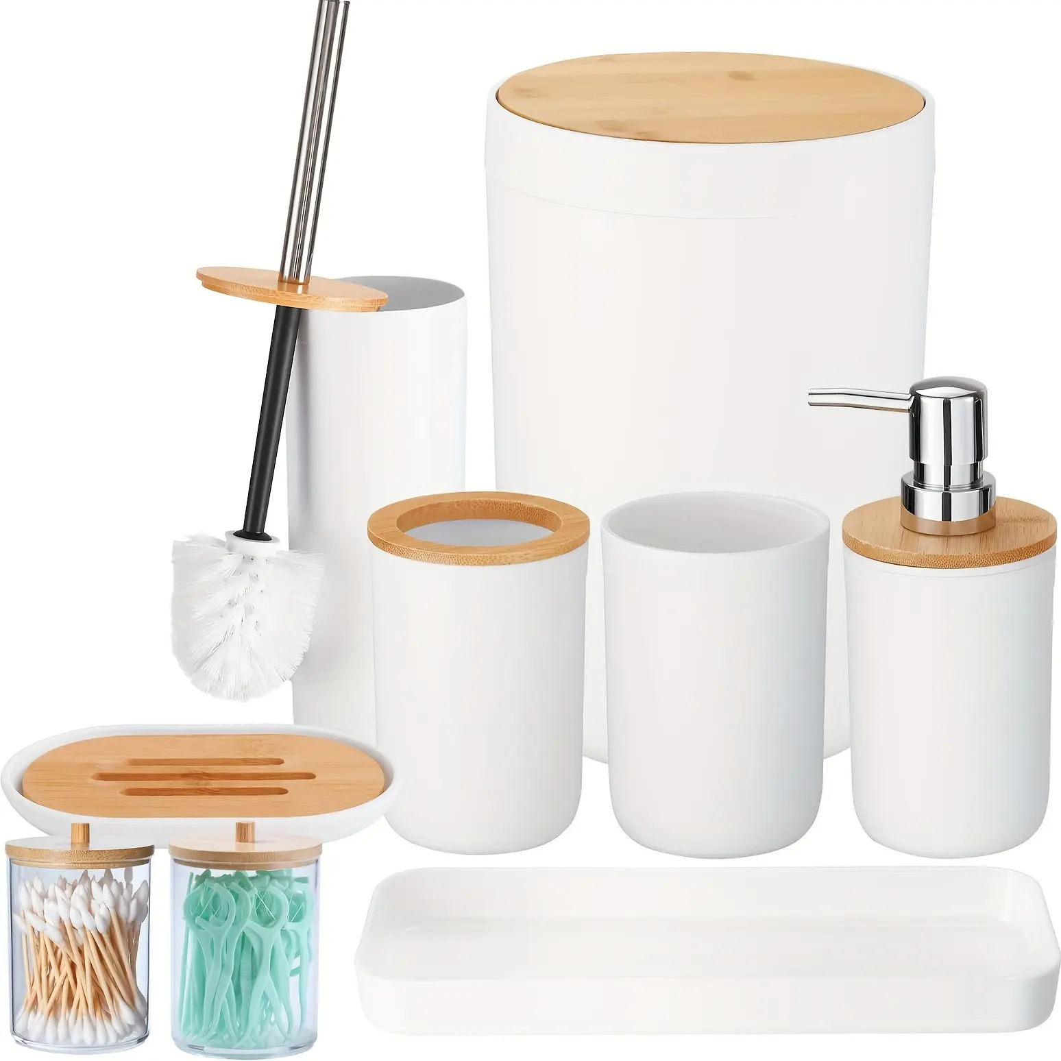 9PCS Lightweight Bathroom Accessories Set - Apartment & Dorm Bathroom Accessory Decor Kit with Trash Can, Toilet Brush, Toothbrush Holder, Lotion Soap Dispenser, Soap Dish, Toothbrush Cup, Vanity Tray, Qtip Holder - Ideal Gift