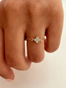 14k Four-Leaf Clover Adjustable Ring, Zirconia Floral Design, Fashion Jewelry Gift for Women, All Seasons Wear