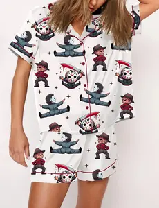 There's Some Horrors In This House Halloween Pajama Set, Casual Comfy Short Sleeves, Loungewear Nightwear Pajamas