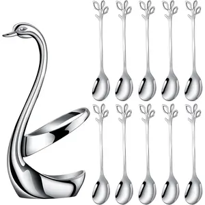 11 Pcs Mini Coffee Spoon Holder Set,Including 1 Swan Base With 10 Demitasse Espresso Spoons,4.7" Mini Leaf Dessert Spoon,Stainless Steel Tea Spoons,Halloween Party Gifts,Hand Tools Kits