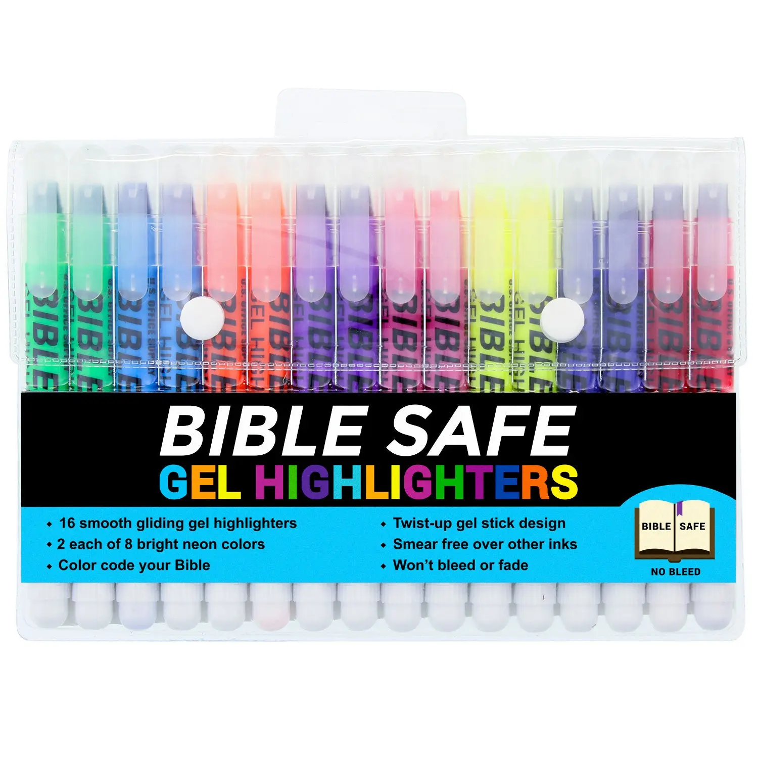 U.S. Office Supply Bible Safe Highlighter Set of 16, 2 Sets of 8 Bright Flouresent Colors, Dry Bible Highlighters No Bleed, Fade or Smear, Safe Gel Markers, Accessories, Study Guide