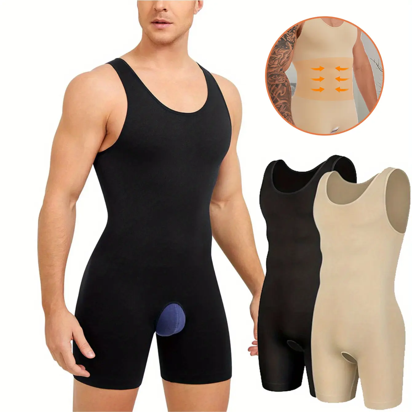 Men's Nylon/Spandex Compression Tummy Control Waist Trainer Bodysuit - Seamless Plain Menswear Shaper, Open Crotch, Breathable Slimming Underwear, 2XL, Waist Trainers