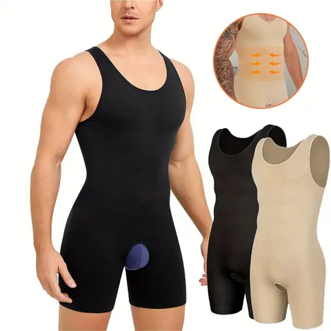 Men's Nylon-Spandex Compression Tummy Control Waist Trainer Bodysuit - Seamless Plain Menswear Shaper, Open Crotch, Breathable Slimming Underwear, 2XL, All Seasons, Shapewear Body Suits, Solid