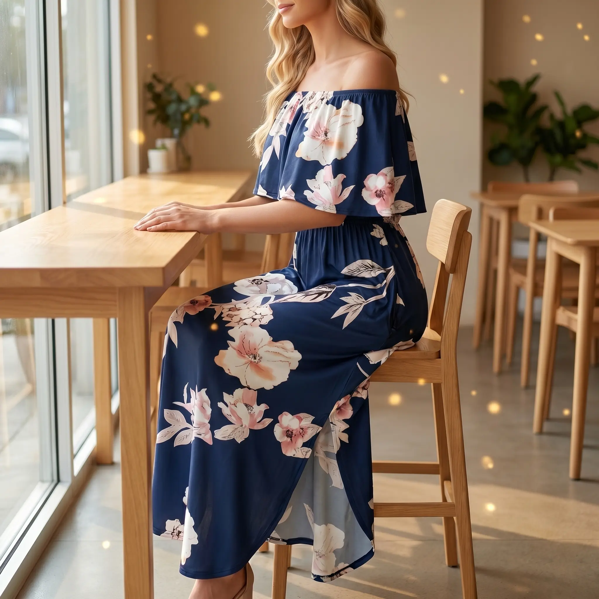 Myst Fashion Women's Maxi Dress, Light Casual Boho Style Off-Shoulder Summer Sundress with Smooth Floral Print, Ruffle Sleeves, and Split Hem, Matching, Lady