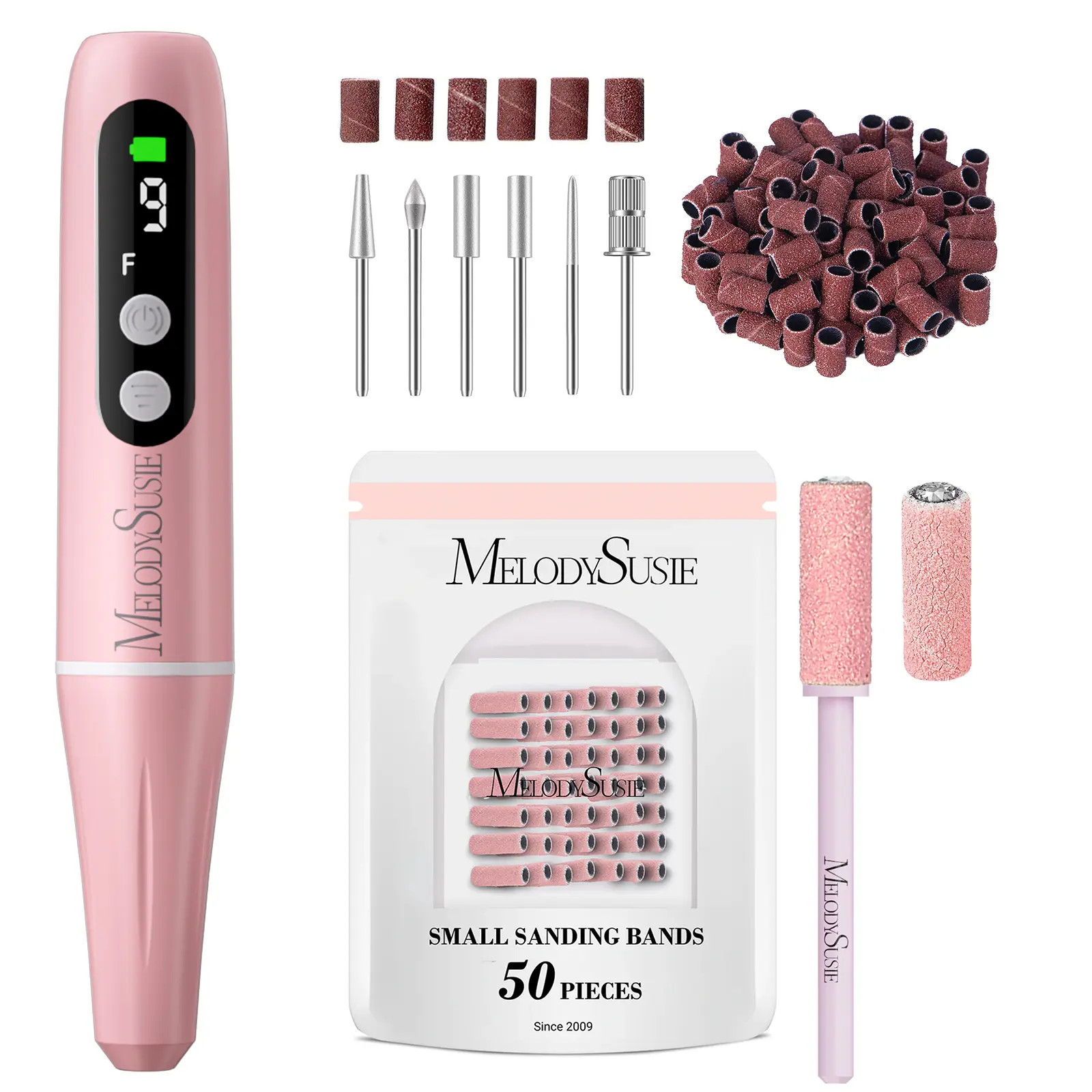 MelodySusie PC90G Rechargeable Nail Drill 20000RPM & 50Pcs Small Sanding Bands 180 Grit