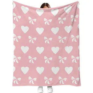 Pastel Pink 100% Polyester Flannel Throw Blanket, 50x60 in, Breathable Soft Heart Bow Print, Valentine's Day Gift for Girlfriend, Bedroom & Couch Use