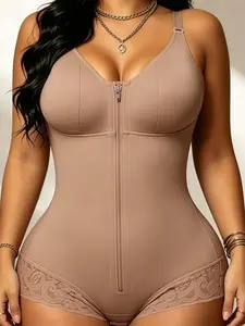 1 Count Women's Sleeveless Solid Color Bodysuit, V Neck Silhouette With Elegant Floral Lace Trim Hem Jumpsuit, Fajas, High Waist Tummy Control And Butt Lifting Compression Shapewear, Colombian Shapewear, Suitable For Beach Outings, Fitness