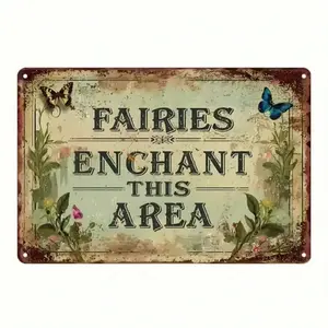Aluminum Enchanted Fairy Sign with Rustic Design Floral Butterflies for Garden Outdoor Fantasy Decor Home Wall Bedroom Bathroom Kitchen Halloween House Decoration