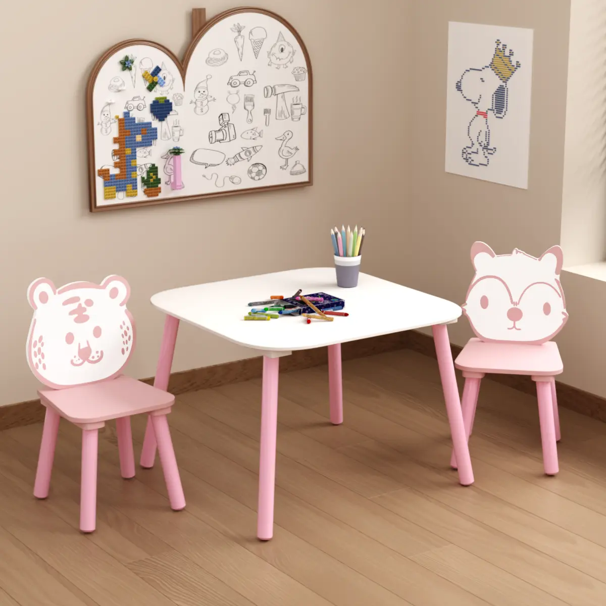 Cute Kids' 3-Piece Wooden Furniture Set, Table and Animal Backrest Chairs, Activity Desk for Drawing, Learning (Pink&White)