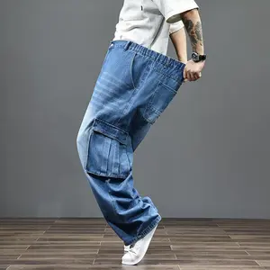 Heavy Duty 440 LBS Plus Size Cargo Jeans Elastic Waist High Stretch Relaxed Fit Multi-Pocket Pants for Men 4XL-9XL Trouser Stylish