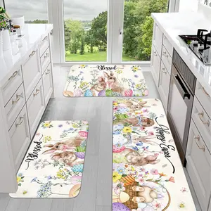 JIT 1pc Easter flower rabbit and colorful egg pattern felt decoration for entrance carpet, kitchen carpet set, felt bedside set floor mat, slip-resistant washable bedside soft carpet, suitable for kitchen and laundry room carpet