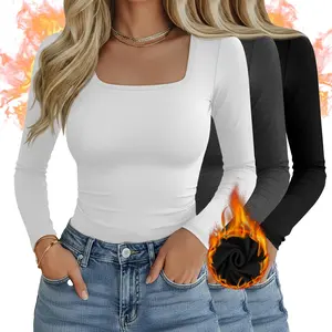1/2 Pack Women's Thermal Long Sleeve Shirts Fleece Lined Square Neck Basic Minimalist Stretch Fitted Winter Warm  Base Layer Thermal Underwear Tank Top, Women's Thermal Undershirts, Y2k Fall Winter Outfits, Womenswear