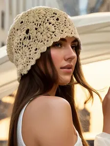 Women's Handmade Knitted Bucket Hat, Floral Design, Casual Loose-Fit, Perfect for Fall & Winter, Daily Wear Street Fashion