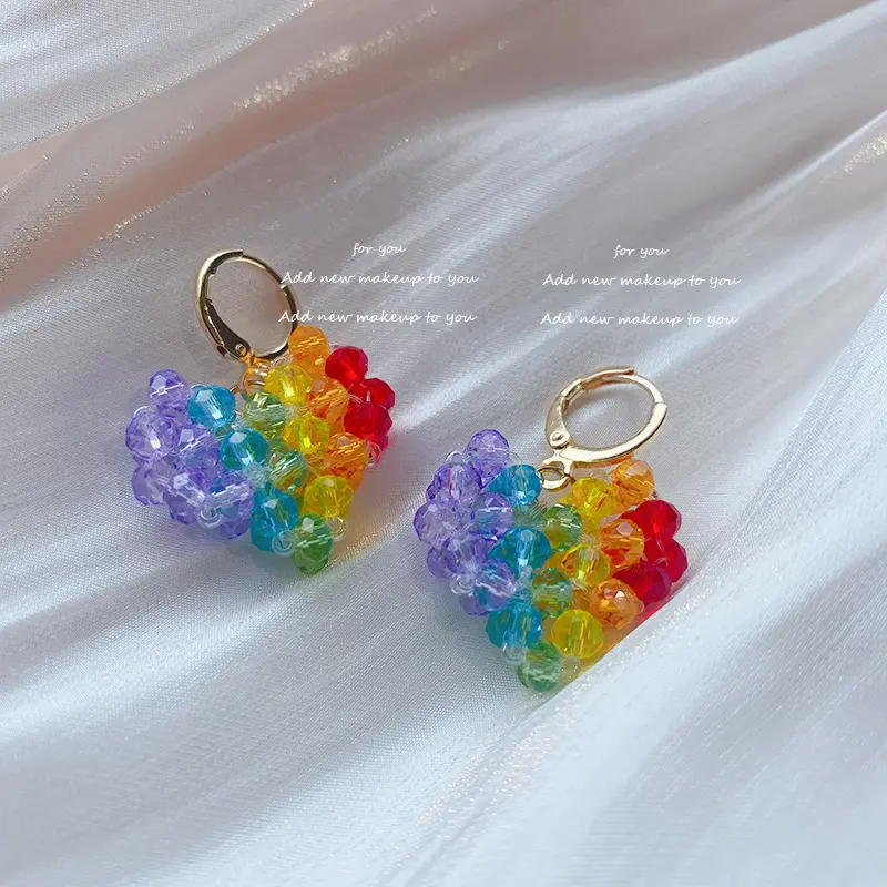 Women's Metal Clip Beads Earrings, Korean-Style Handmade Rainbow Heart Design, 2026 New Spring-Summer Female Internet Celebrity Non-Natural Crystal Earrings E50159-EH