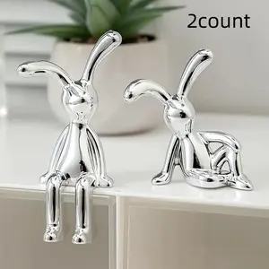 Two Modern Silver Color Resin Rabbit Figurines, Fantasy Themed Home Decor for Living Room and Bedroom, Ideal Easter Gift for Friends