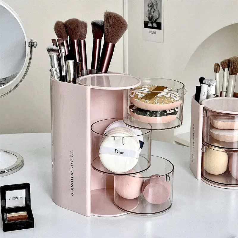 Powder Puff Storage Box, Rotating Dustproof Cosmetic Makeup Organizer, Dustproof Makeup Organiser, Cosmetic Holder for Vanity Table, Beauty Sponge, Cushion, Lipstick, and Makeup Brush Storage Rack