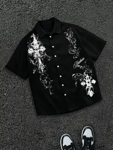 Men's Loose-Fit Casual Button Collared Button Up Shirt with Thorn Print, Graphic, Daily Commute Wear, Dark Avant-Garde Streetwear Style, Classic Casual, 2026 Fashion Top