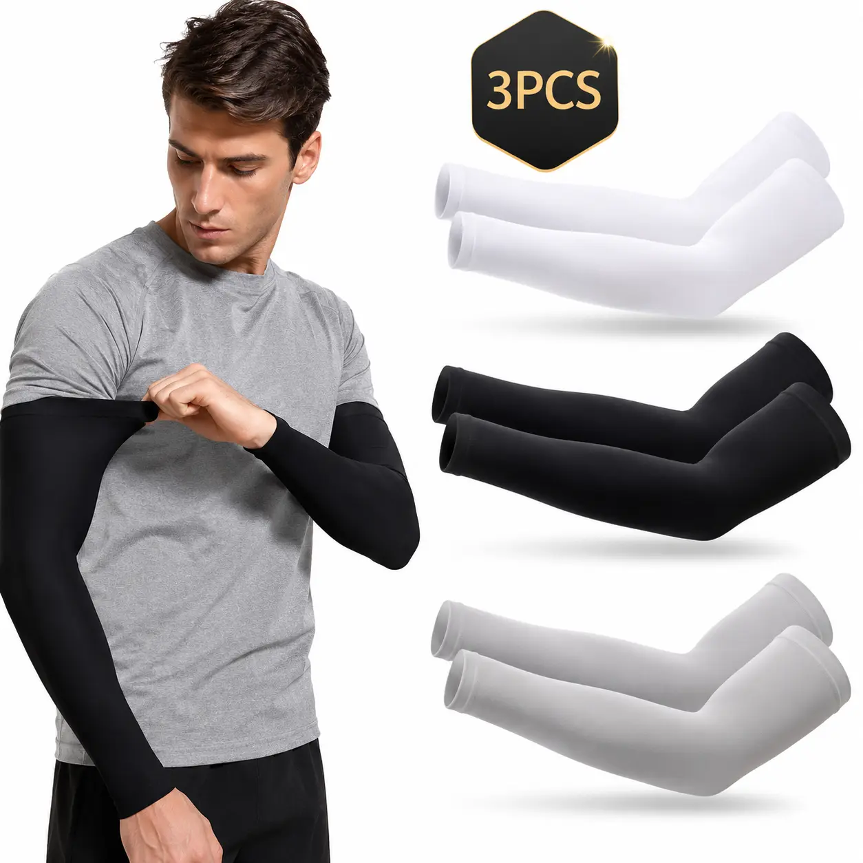 3PCS Summer Cooling Arm Sleeves, UV Protection Ice Silk Compression Sleeves, Breathable Sun Protection Arm Covers for Cycling, Running, Driving, Golf & Travel