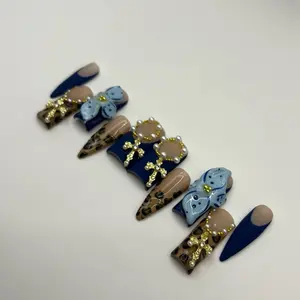 Blue blossom cheetah print press on nails