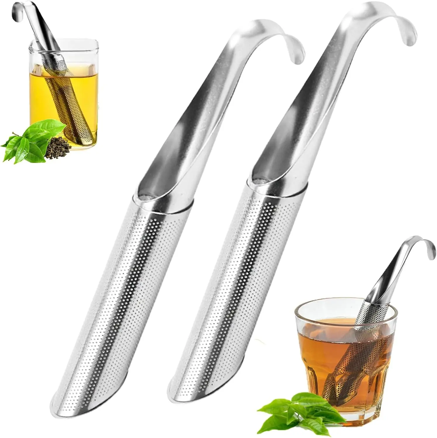 2PCS Stainless Steel Tea Diffuser Tea Infuser,Tea Pipe with Hanging Hook Handle,Fine Holes Tea Interval Diffuser for Loose Tea Leaf Coffee Herbs Spices