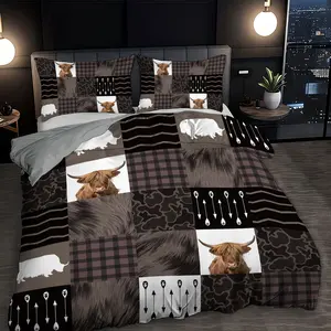 3-piece set (1 quilt cover + 2 pillowcases, coreless), premium patchwork plaid, camouflage rooster, Highland cattle element print set, soft and comfortable bedding set, suitable for all rooms, room decoration, available in all seasons, Modern Bedding Set
