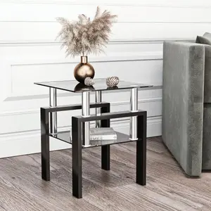 Modern Coffee Table with Tempered Glass Top, Square Tea Table Center Table with Strong Metal Frame for Living Room, End or Side Table