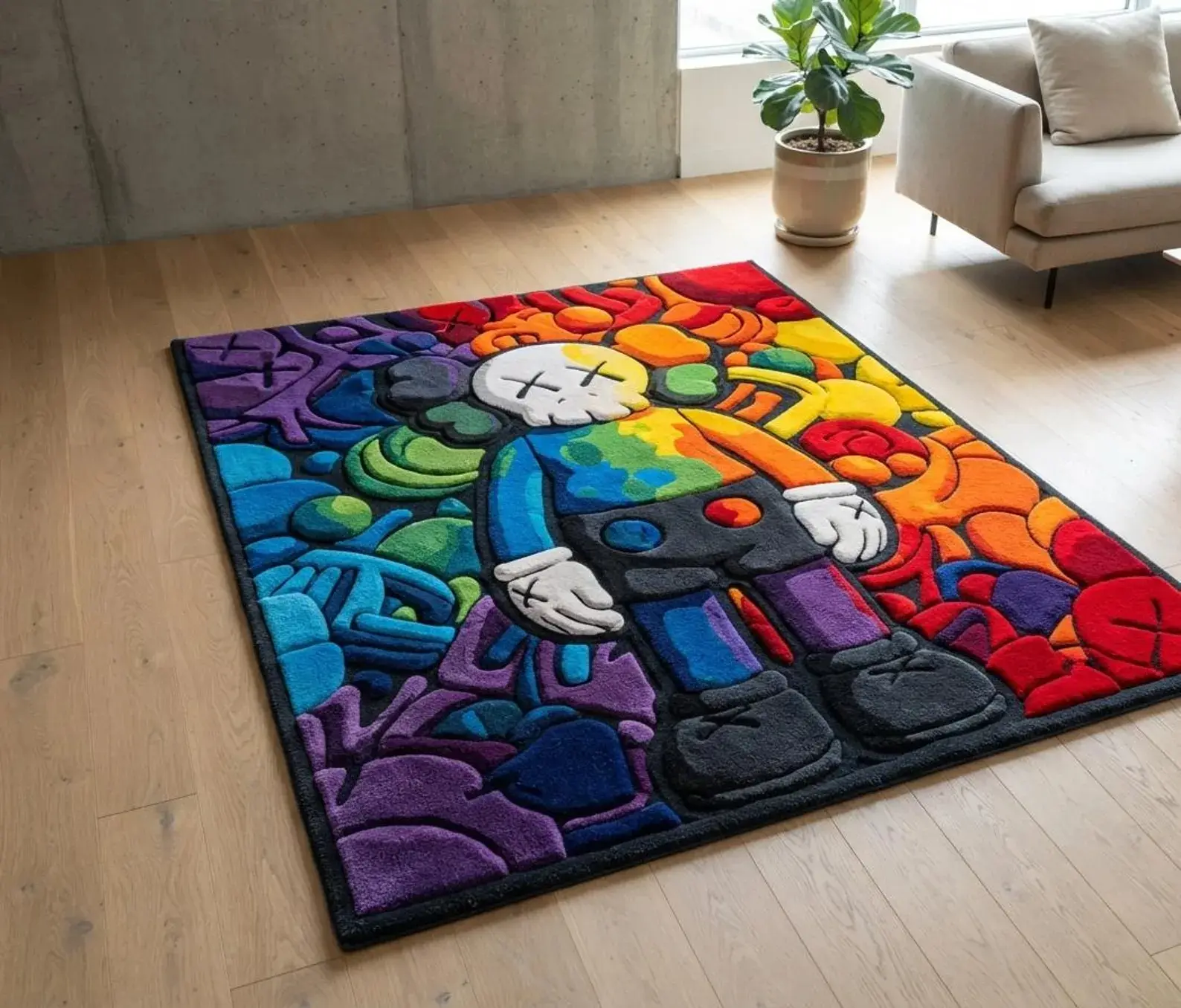 KAWS Inspired Colorful Area Rug - Rainbow Street Art Rug, Luxury Hypebeast Household Textile Decor