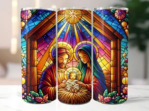 Nativity Scene Stained Glass 20 oz Skinny Tumbler Sublimation Straight Tumbler Christmas Tumbler