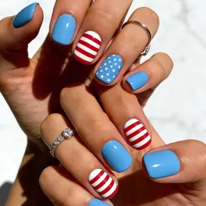 American Patriotic False Nails, Star & Stripes Design, Nail Designs, Reusable Short Square Nail Tips, 24 Pieces Wearable Manicure Set, Nail Art