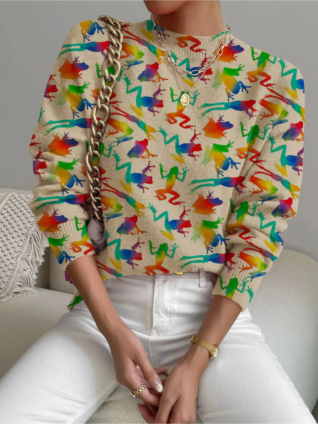 Women's Colorful Gradient Frog Print Stand Collar Sweater, Casual Long Sleeve Knitwear for Fall Winter, Comfortable Warm Daily Wear