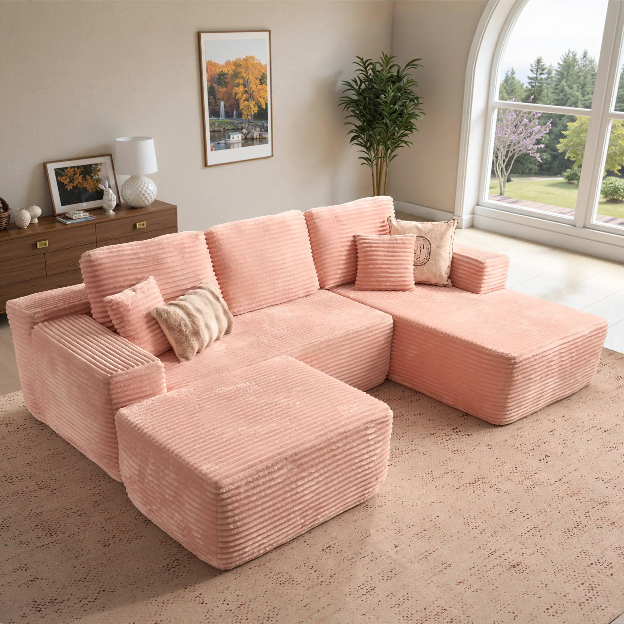 Pink Corduroy Right Chaise with Ottoman