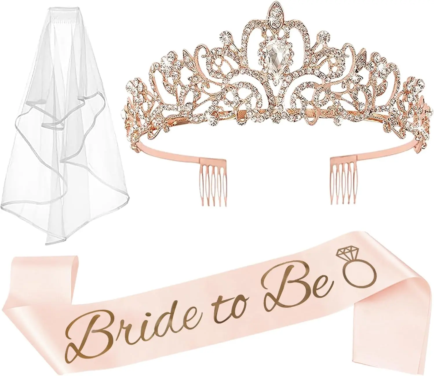 3PCS Bachelorette Party Set Bride to Be Crown, Sash & Veil Bridal Shower Accessories for Women Hen Party Decorations, Bachelorette Party Supplies & Gifts