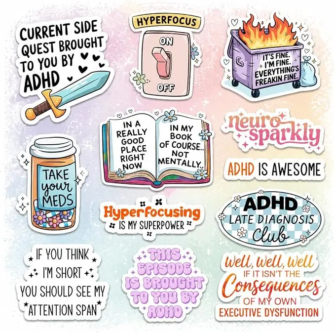12 Pcs ADHD Stickers Pack, Funny Mental Health Vinyl Decals with Neurodivergent and Hyperfocus Quotes for Laptops, Water Bottles, Journals, Therapy Gifts, and Scrapbooking