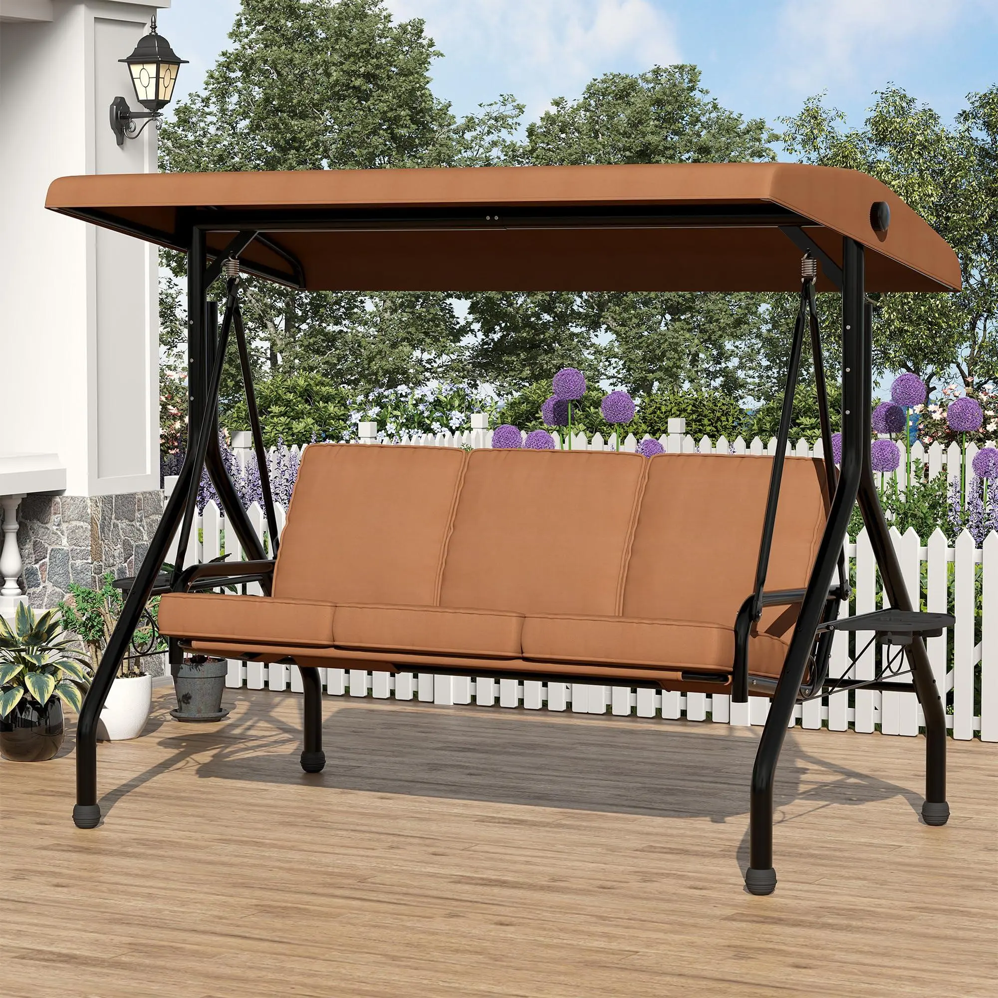GARVEE 3 Seat Outdoor Patio Swings with Canopy, 2-in-1 Porch Swing with Cup Holders ＆ Thickened Removable Cushions, Outdoor Swing with Weather Resistant Steel Frame for Backyard, Porch, Garden,Brown