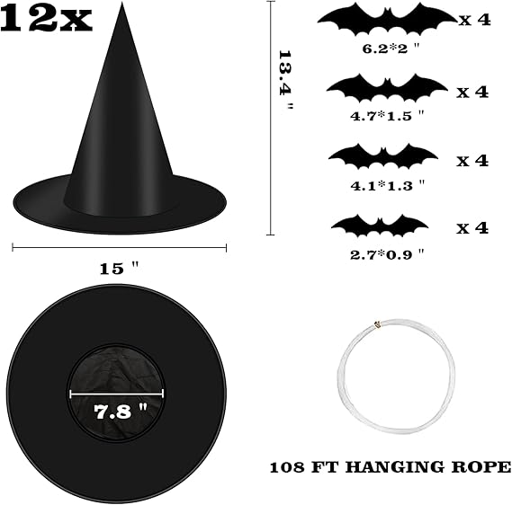 12 PCS Hanging Witch Hats Black/Pink, 16 PCS 3D Bats Stickers for Halloween Indoor Outdoor Decorations 12 PCS Hanging Witch Hats Black/Pink, 16 PCS 3D Bats Stickers for Halloween Indoor Outdoor Decorations
