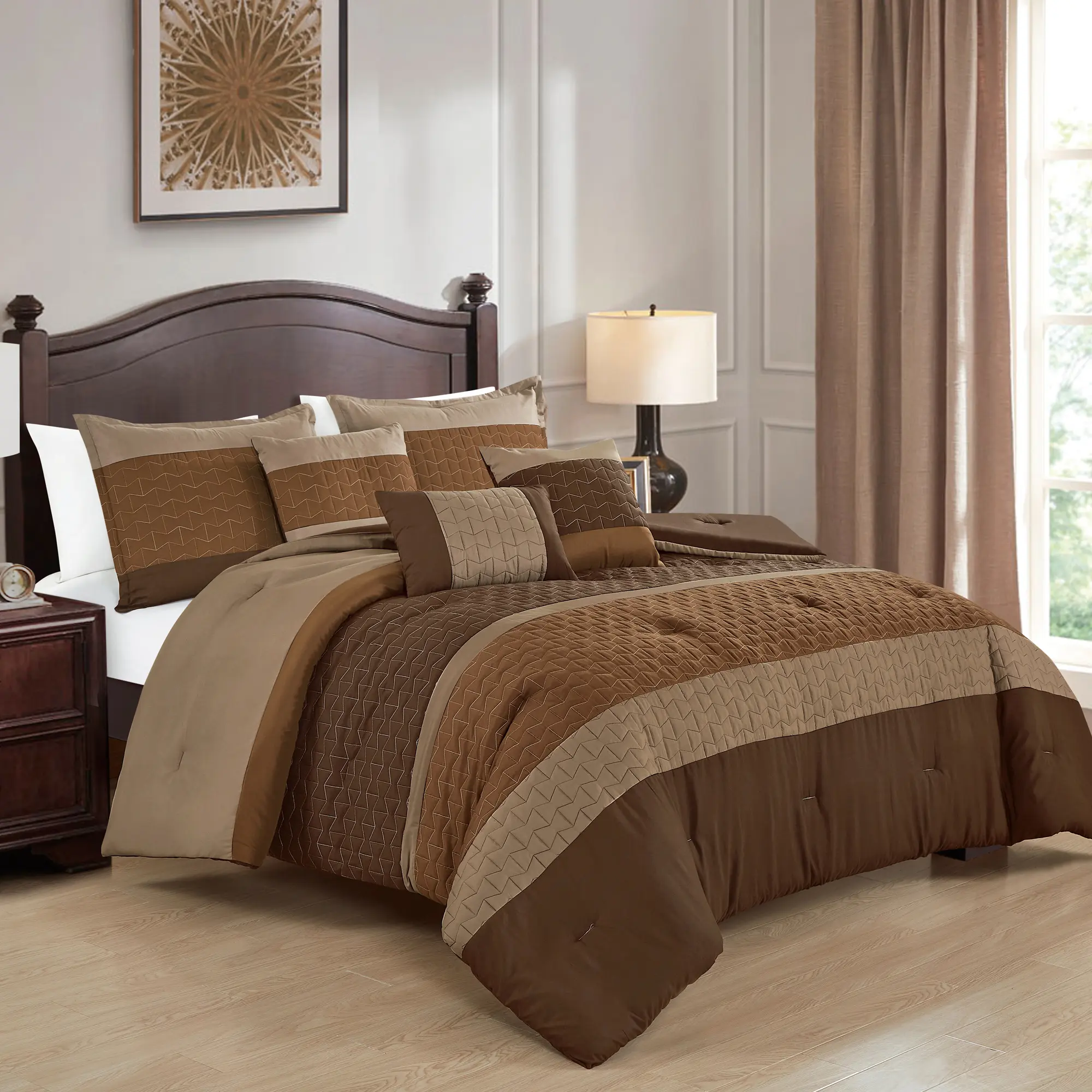6-Piece Comforter Set Queen/King, Brown Luxury Bedding Set with Decorative Pillows, Soft Microfiber Bed in a Bag, Modern Elegant Hotel Style Comforter Set