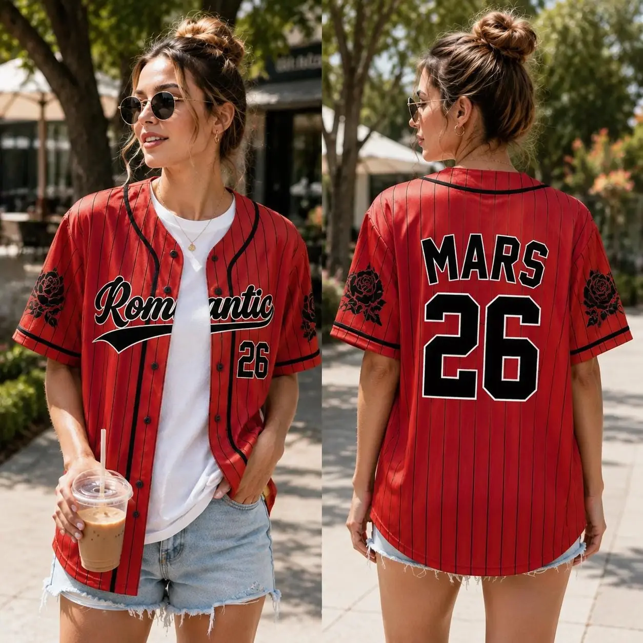 Personalized Romantic Baseball Jersey, Red Rose Custom Name Number Music Fan Shirt, Concert Outfit, Unisex Button Down Jersey