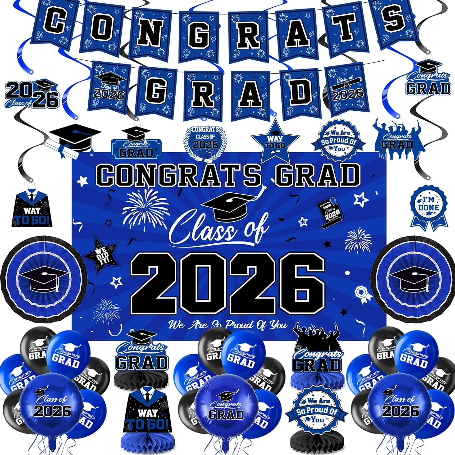 Graduation Decorations 2026-Blue and Black Graduation Party Decorations Supplies Class of 2026 with Graduation Banner, Backdrop, Balloons, Centerpieces, Hanging Swirl for Grad Party